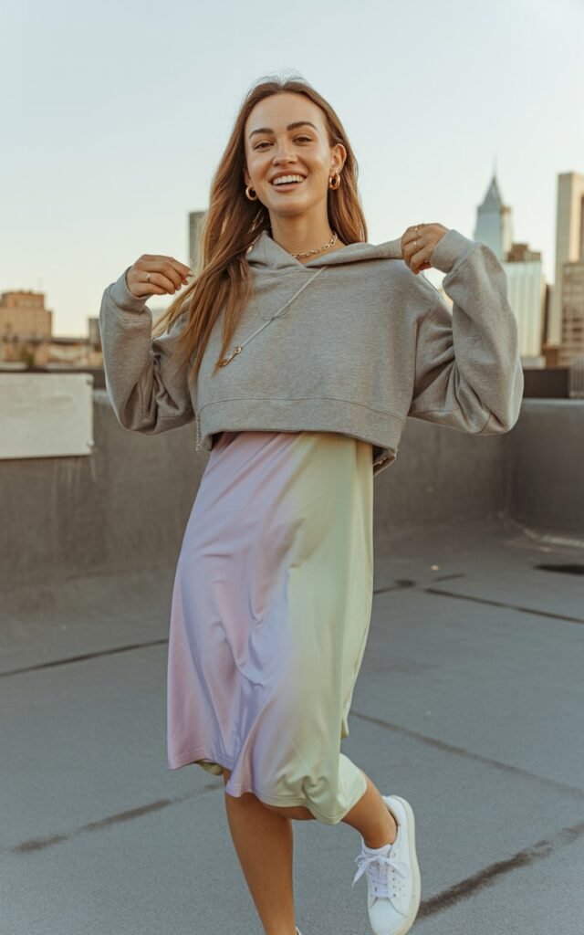 Full-body shot of a white-skinned female with long straight hair, wearing a grey cropped hoodie over a pastel long tank dress, paired with sneakers and minimal jewelry. Setting city rooftop with soft late afternoon light. Pose standing casually with one hand lifting hoodie hem, playful smile. Skin realism and editorial imperfections emphasized.