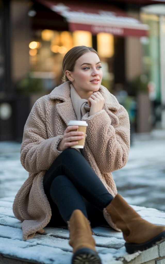 Full-body shot of a white-skinned female with sharp features and soft natural makeup wearing a beige teddy coat, black fleece-lined leggings, and brown ankle boots. She’s standing on a snow-dusted sidewalk in front of a cozy coffee shop, holding a takeaway cup. Warm late-afternoon light enhances the plush texture of the coat. Natural candid pose, looking to the side while adjusting her scarf. Shot on 50mm lens with soft depth of field.
