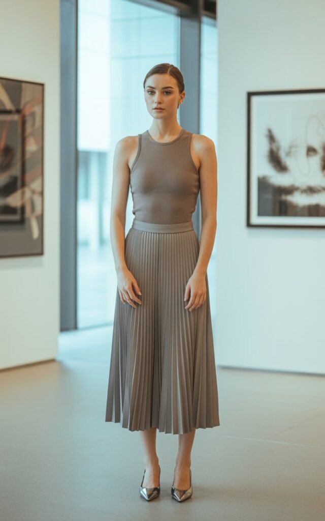 Full-body shot of a white-skinned female with sharp features, wearing a taupe ribbed bodysuit tucked into a pleated midi skirt, paired with pointed flats. Background modern art gallery with natural indoor light. Pose standing elegantly, hands by sides, confident gaze. Skin details emphasized, soft realistic makeup, subtle imperfections.