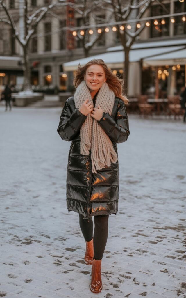 Full-body shot of a white-skinned girl wearing a black longline puffer, chunky knitted scarf, leggings, and leather ankle boots. She’s walking through a snowy city square with cafe lights in the background. Evening light softly reflects on the puffer. Pose walking toward camera, scarf held lightly, natural smile.