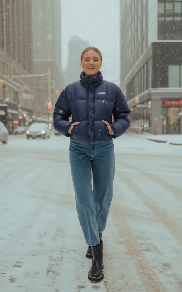 Full-body shot of a white-skinned girl wearing a navy puffer jacket, high-waisted straight jeans, and black waterproof boots. She stands on a city street with light snow falling, buildings in the background. Overcast natural light creates soft, even illumination. Pose walking toward the camera, hands in jacket pockets, relaxed expression.