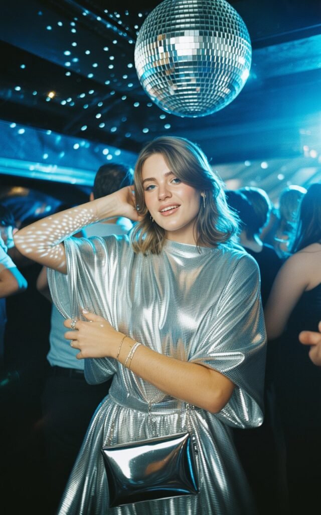 Full-body shot of a white-skinned girl wearing a silver metallic foil hoco dress, chrome clutch, and reflective heels. She's on the dance floor under disco-ball reflections and cool-blue event lighting. The foil fabric catches every highlight. Natural confident pose, shot on 35mm lens.