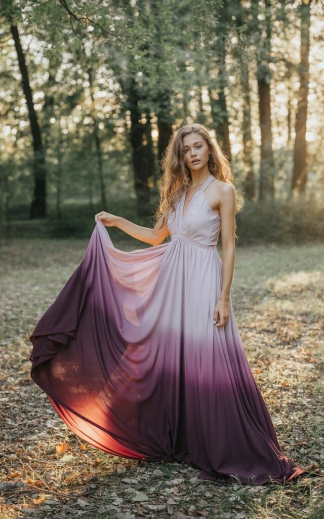 Full-body shot of a white-skinned model in a flowing ombre gown transitioning from lavender to deep plum. She stands in a quiet forest clearing during golden hour, sunlight filtering through trees. Her hair is styled in long loose waves. She gently holds the skirt as it catches the wind. Realistic color transitions and natural lighting highlighted.