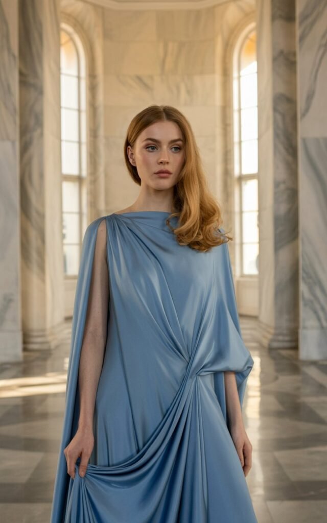 Full-body shot of a white-skinned model wearing a sapphire jewel-toned gown with elegant draping. She stands inside a classic marble hallway with tall columns during soft golden-hour light streaming through windows. Her hair is styled in loose waves with a regal posture. Expression calm and poised. Realistic lighting, shadow depth, and skin texture enhanced.