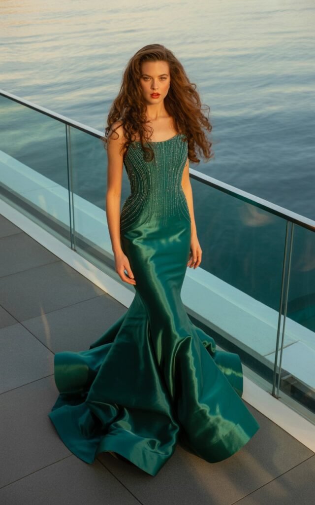 Full-body shot of a white-skinned model wearing an emerald mermaid gown with a fitted bodice and flared hem. Captured at sunset on a modern outdoor terrace overlooking water. Her long hair is styled in glossy waves flowing down her back. She stands with one foot slightly forward and a confident expression. Realistic reflections and fabric detail highlighted.