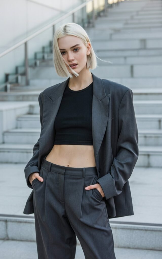 Full-body shot of a white-skinned model with a sleek bob, wearing a black crop top under an oversized gray blazer with straight-leg trousers. Modern outdoor staircase location with diffused daylight. She poses hands in pockets with a cool, effortless expression. Natural hair movement and crisp fabric textures.