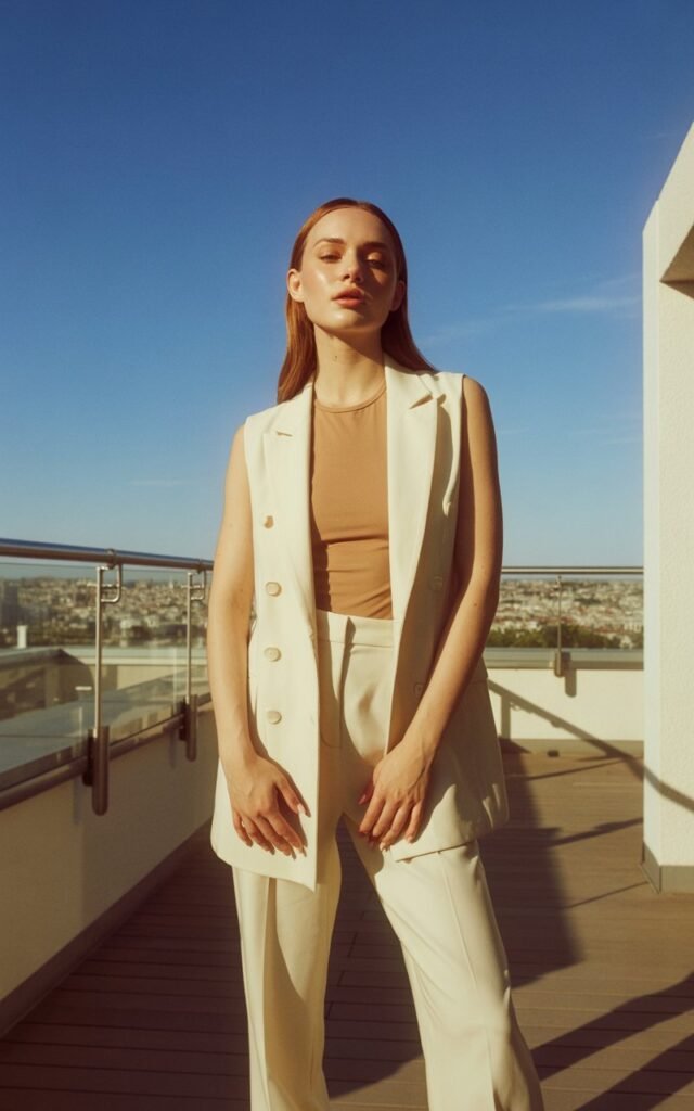 Full-body shot of a white-skinned model with glossy straight hair, wearing a sleeveless cream blazer vest, tan bodysuit, and tailored trousers with minimal heels. Shot in a chic rooftop terrace during bright natural daylight. She stands tall with hands gently resting on her hips. Polished but natural look.