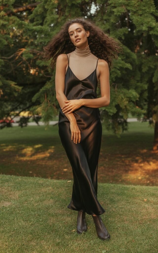 Full-body shot of a white-skinned model with long dark brown hair, wearing a black silk slip dress layered over a fitted beige turtleneck, paired with ankle boots. Background is an outdoor park in soft golden hour light. She stands elegantly, hands lightly clasped, slight smile, natural hair flow. Accessories minimal, natural editorial makeup and skin texture.