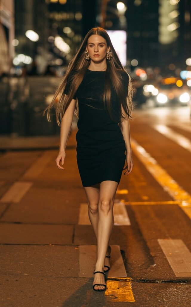Full-body shot of a white-skinned model with long straight hair, wearing a simple LBD, chunky gold earrings, and black strappy heels. Shot on a nighttime city sidewalk with glowing streetlights. She walks forward mid-stride, serious expression. Realistic shadows, natural skin texture.