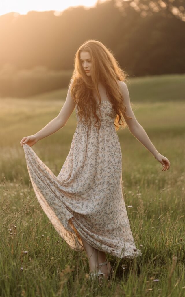 Full-body shot of a white-skinned model with long wavy hair, wearing a flowing floral maxi dress. Photographed in a sunset meadow with golden hour lighting. She gently lifts the hem of her dress while walking, giving a dreamy, romantic mood. Realistic fabric motion and warm skin tones.