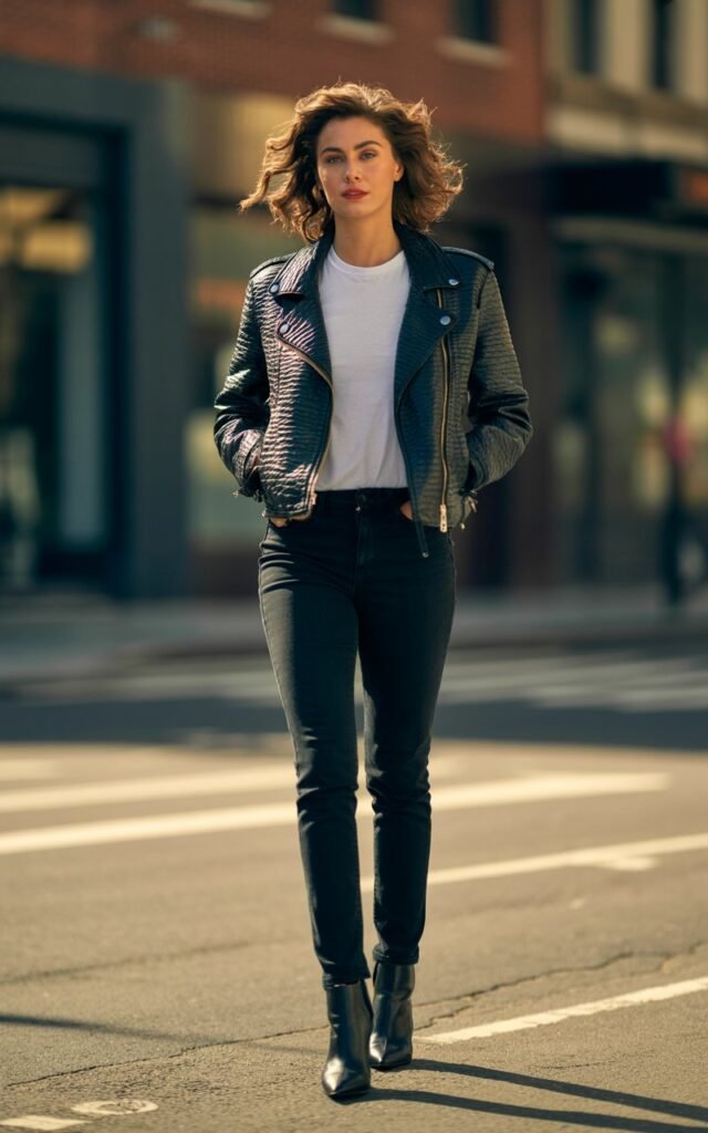 Full-body shot of a white-skinned model with messy-chic waves, wearing a white tee, black biker leather jacket, skinny jeans, and heeled ankle boots. Urban street at late afternoon. She walks with confidence and a half-smile. Textured leather, realistic shadows, natural editorial skin.