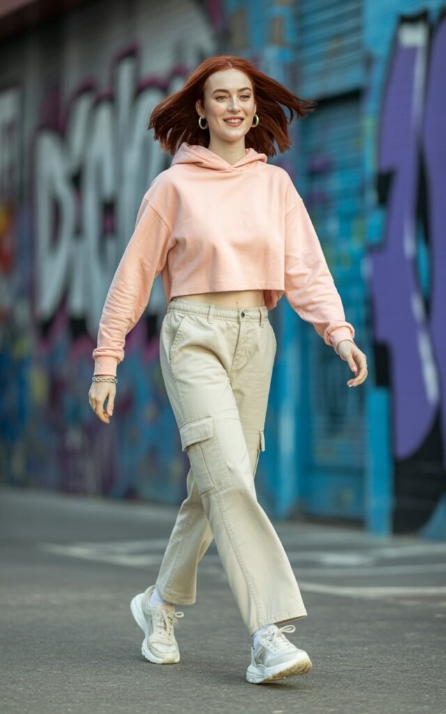Full-body shot of a white-skinned model with shoulder-length auburn hair, wearing beige cargo pants, pastel cropped hoodie, and chunky sneakers. Background is a graffiti urban wall with soft natural daylight. Model walks casually, playful grin, hair flowing naturally, hands swinging lightly. Accessories minimal, natural editorial skin texture visible.