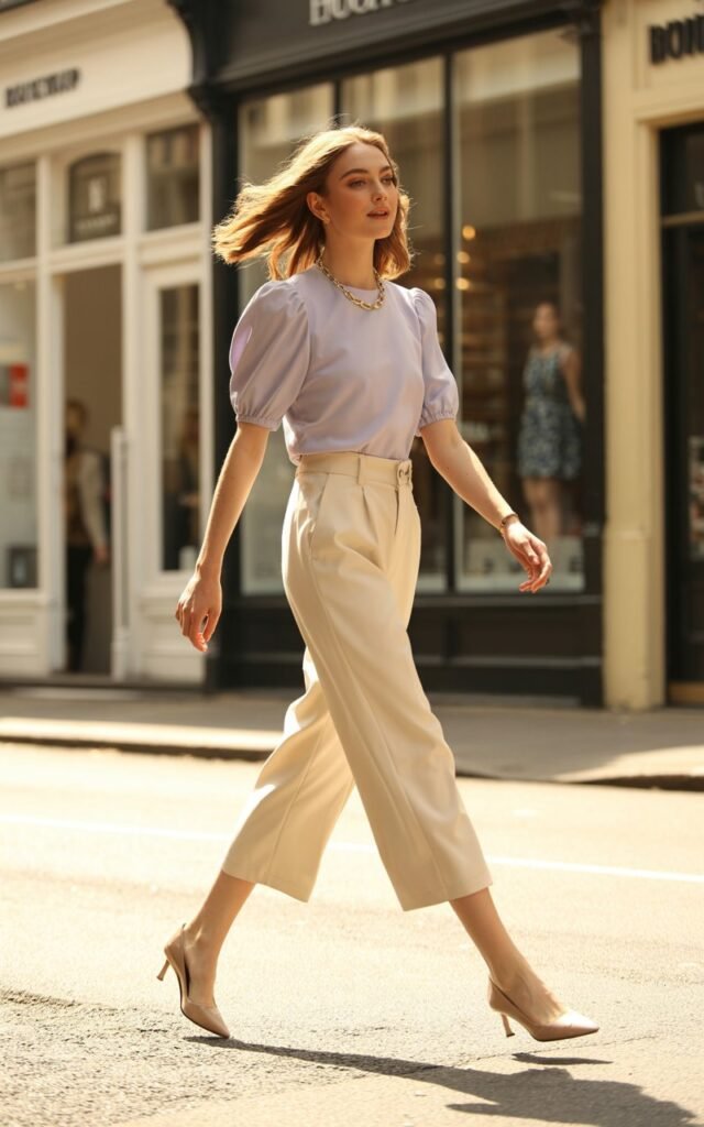 Full-body shot of a white-skinned model with shoulder-length hair, wearing a pastel puff-sleeve blouse tucked into high-waist culottes, pointed flats, and a delicate necklace. Background city street with boutique storefronts, soft golden hour light. Pose mid-step, looking sideways with subtle smile, hands relaxed. Skin texture, editorial makeup, realistic hair flow.