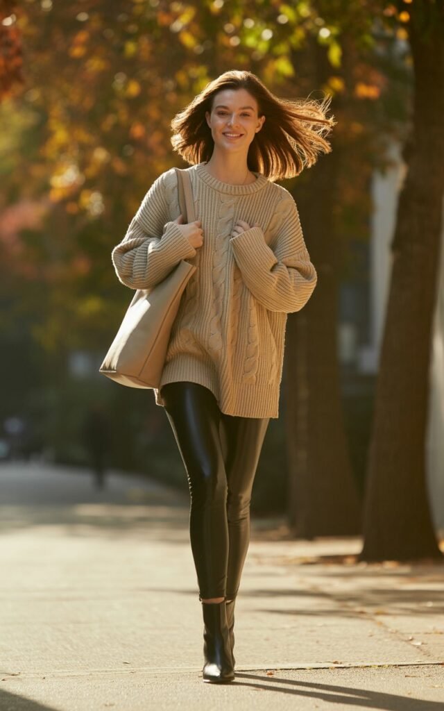 Full-body shot of a white-skinned model with sleek shoulder-length hair, wearing an oversized beige chunky knit sweater paired with black leather leggings, black ankle boots, and a tote bag. Background autumn tree-lined sidewalk with soft golden hour lighting. Pose walking confidently, hands tucked into sweater sleeves, relaxed smile. Editorial realism skin details, natural hair flow, soft natural shadows.
