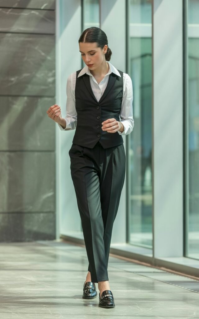 Full-body shot of a white-skinned woman with dark slicked-back hair, wearing a crisp white button-down under a black tailored vest, paired with tapered trousers and loafers. Shot in a modern office lobby with soft diffused light. She adjusts her sleeves with a focused expression. Professional and sleek.