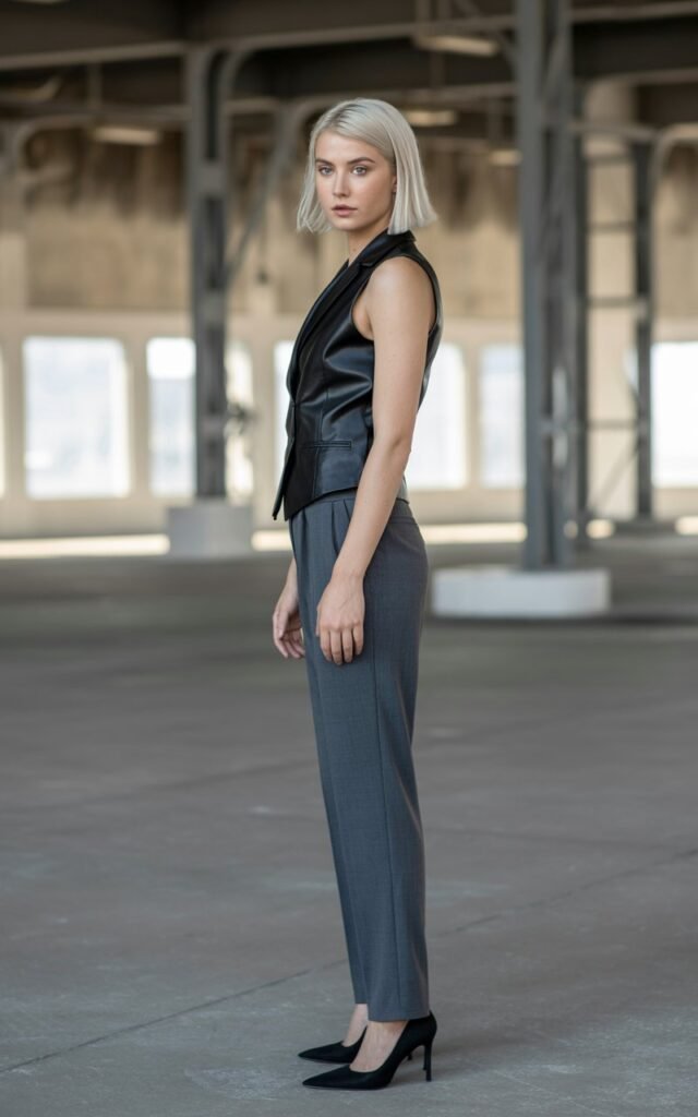 Full-body shot of a white-skinned woman with short platinum hair, wearing a fitted black leather vest, straight neutral trousers, and minimalist black heels. Industrial warehouse backdrop with soft indirect daylight. She stands tall with a bold stance. Natural skin shine and textured realism.