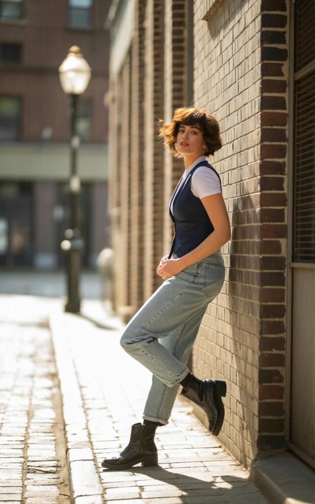 Full-body shot of a white-skinned woman with short tousled brunette hair, wearing a fitted navy vest and relaxed light-wash jeans with black ankle boots. Urban alleyway with soft morning sunlight. She leans against a brick wall with one foot up, looking cool and effortless. Realistic skin details and casual styling.
