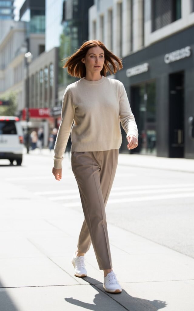 Full-body shot of a white-skinned woman with sleek brown hair, striding confidently down a city sidewalk. She wears a neutral-toned casual outfit — light sweater, slim trousers, and white sneakers. Natural daylight casts clean shadows, emphasizing her confident walk and modern, minimalist style.