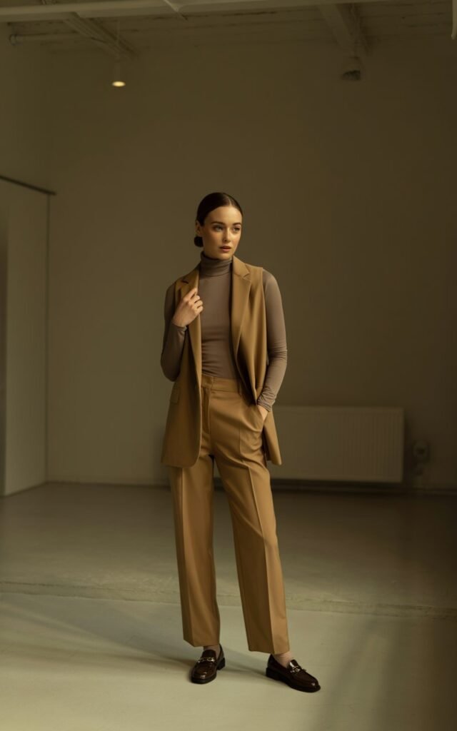 Full-body shot of a white-skinned woman with sleek low bun, wearing a camel-tone vest layered over a matching turtleneck and trousers, styled with loafers. Indoor studio with soft warm light. She stands with one hand slightly raised, as if adjusting her vest. Minimal, elegant expression.