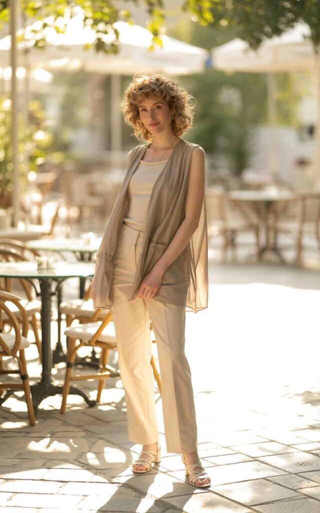 Full-body shot of a white-skinned woman with soft curls, wearing a light, flowy taupe vest over a fitted top and straight cream trousers with sandals. Outdoor café patio in golden afternoon light. She stands with one hand tucked behind her, giving a light smile. Soft and airy.