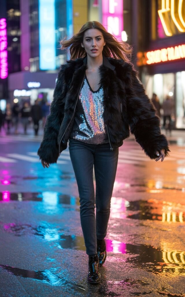 Full-body shot on a nighttime city street glowing with neon signs. Model wears a faux-fur trimmed jacket over a sparkly top, paired with skinny jeans and boots. Streetlights create reflective highlights. Hair blown slightly by wind. She stands mid-stride with a confident, dramatic expression.