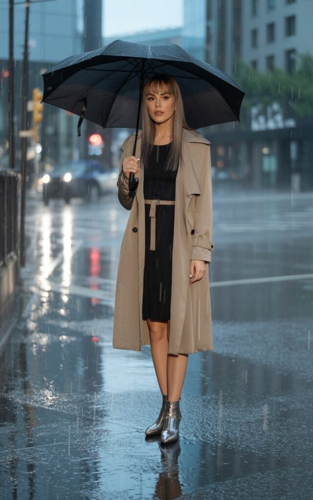 Full-body shot on a rainy city street with reflections. Model wears a simple black dress, beige belted trench coat, ankle boots, and sleek straight hair. Cool, overcast lighting. She holds an umbrella with an elegant posture. Realistic wet street reflections and natural skin tone.