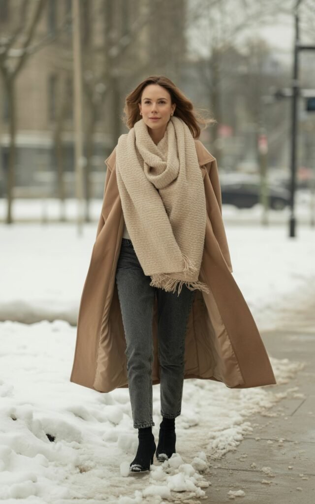 Full-body shot on a snowy sidewalk during overcast daylight. She wears a long camel wool coat, oversized textured scarf, slim jeans, and heeled boots. Hair flows naturally with slight wind movement. She walks toward the camera with a calm expression.