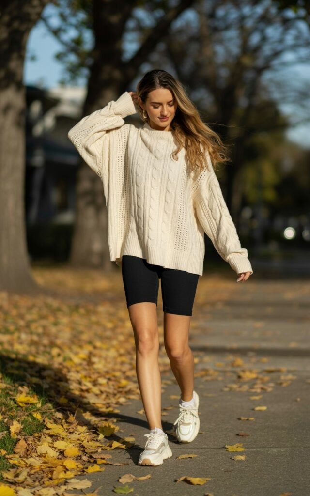 Full-body shot on a suburban sidewalk with autumn leaves. Model wears an oversized knit sweater, black biker shorts, chunky sneakers, and loose hair tucked behind her ear. Late afternoon sunlight. Candid walk-forward pose. Natural texture on skin and slight sweater fuzz visible.