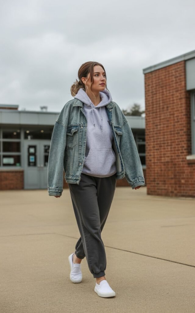 Full-body shot outside a school building during cloudy daylight. She wears a grey hoodie layered under a vintage denim jacket, joggers, and slip-on sneakers. Hair in a half-up style. She looks to the side as she walks, expression natural.