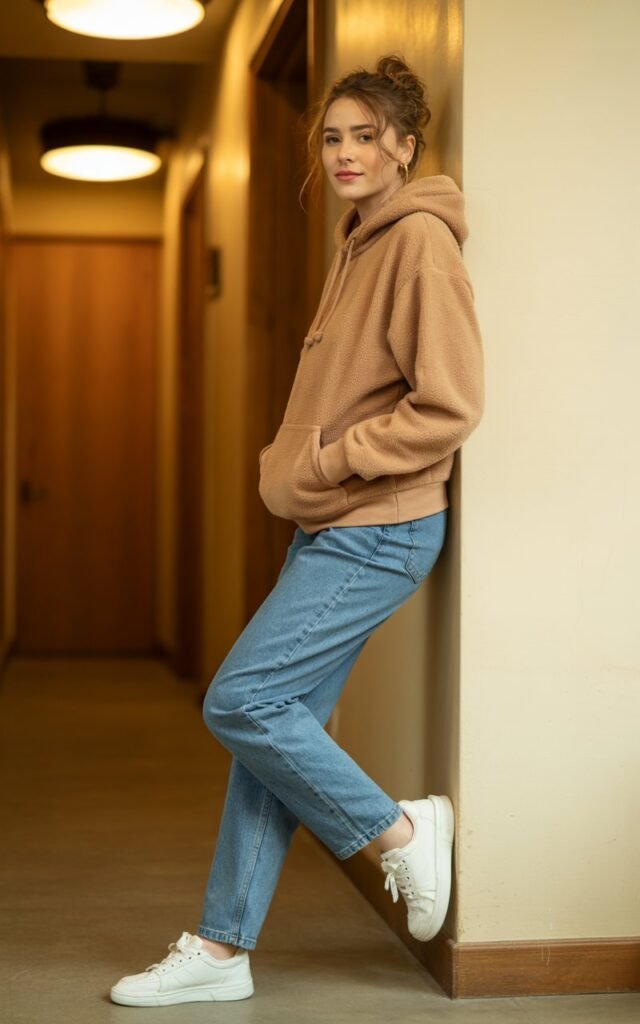Full-body shot taken in a cozy indoor hallway with overhead warm lighting. She wears a tan fleece hoodie, medium-wash straight-leg jeans, and sneakers. Hair is slightly messy for a natural winter look. She leans against a wall with a subtle smile.