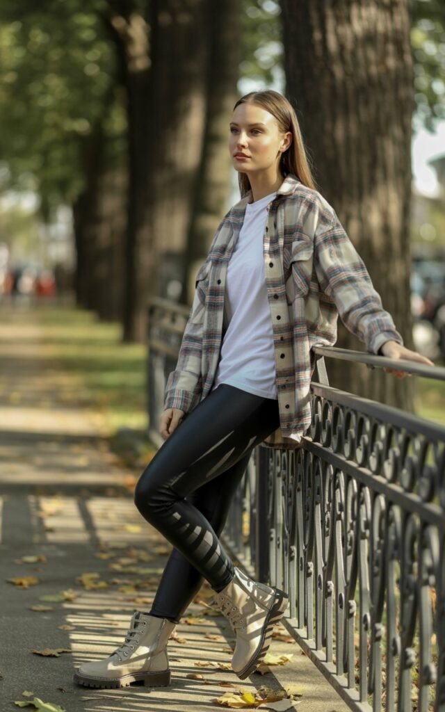 Full-body street-style shot of a white-skinned female model near a park path, wearing a relaxed plaid overshirt over a white tee, black leggings, and combat boots. Natural daylight with light shadows from trees. Hair is straight and parted cleanly. She leans casually on a railing with a soft, calm expression.