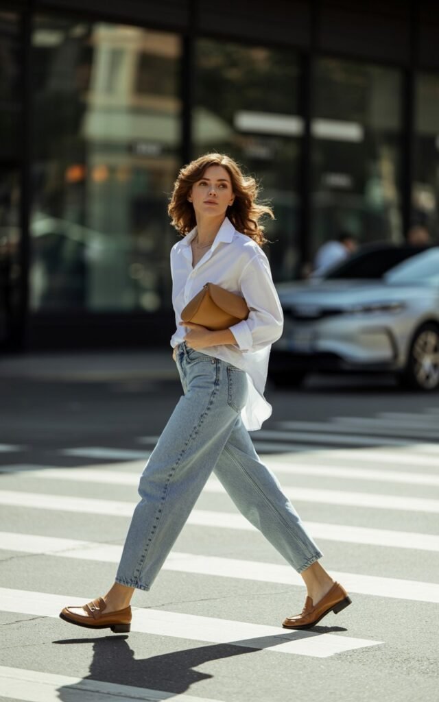 Full-body street-style shot on a crosswalk. Model wears a white oversized button-down half tucked into relaxed light-wash mom jeans, loafers, and a structured shoulder bag. Hair is loosely curled and effortless. Natural daylight with city reflections. She walks confidently, glancing sideways for a candid editorial feel.