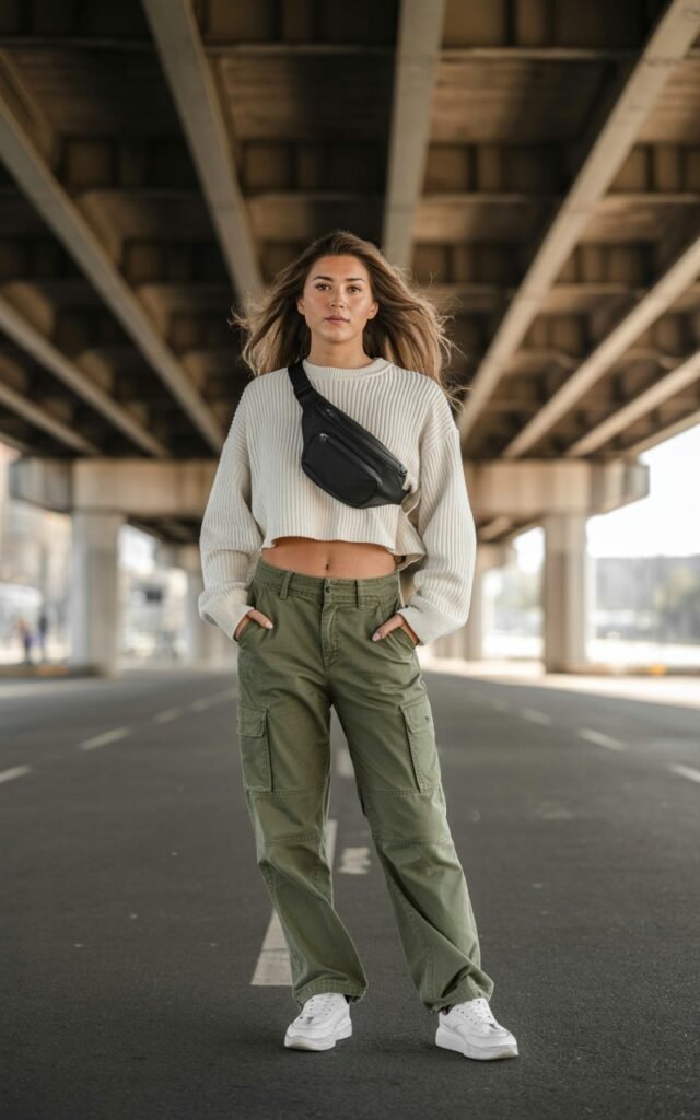 Full-body street-style shot under an overpass. She wears an ivory cropped sweater, olive cargo pants, sneakers, and a belt bag. Hair is long and slightly windswept. Moody natural light with shadows. She stands with hands in pockets, expression cool and confident.