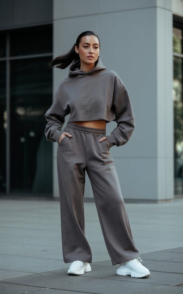 Full-body streetwear-style photo on a modern city sidewalk. Model wears a cropped gray hoodie, wide-leg joggers, chunky sneakers, and a sleek ponytail. Natural daylight with a slight overcast for even lighting. Hands in pockets, relaxed and cool. Editorial realism with soft shadows and textured fabrics.