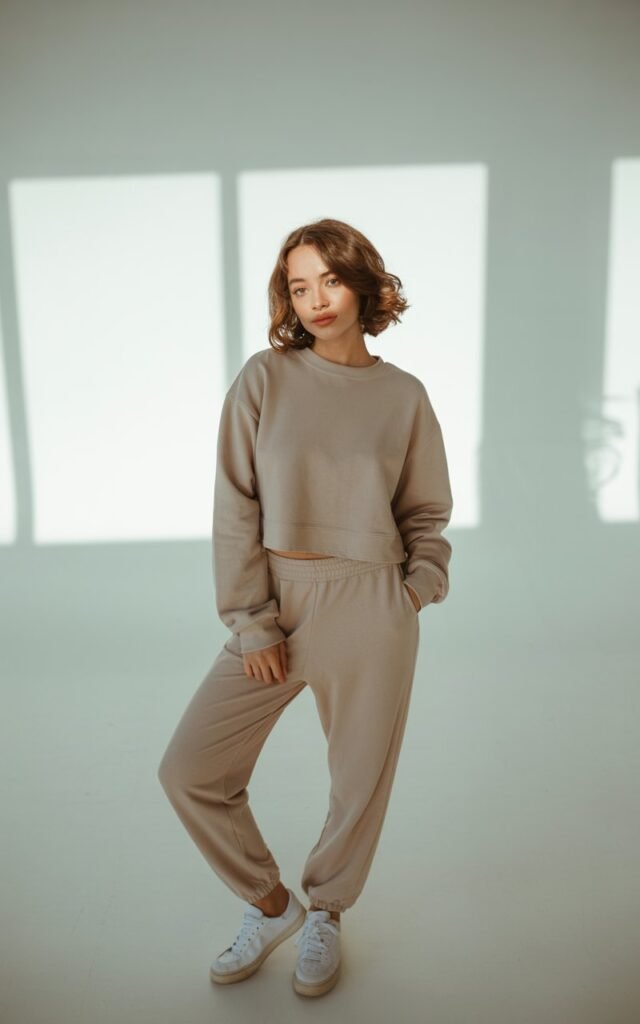 Full-body studio shot of a white-skinned woman with short brown hair styled in loose waves. She wears a neutral beige matching lounge set with a cropped sweatshirt and joggers, paired with white sneakers. Soft indoor window light gives the image a cozy, airy tone. She poses naturally with one hand in her pocket.