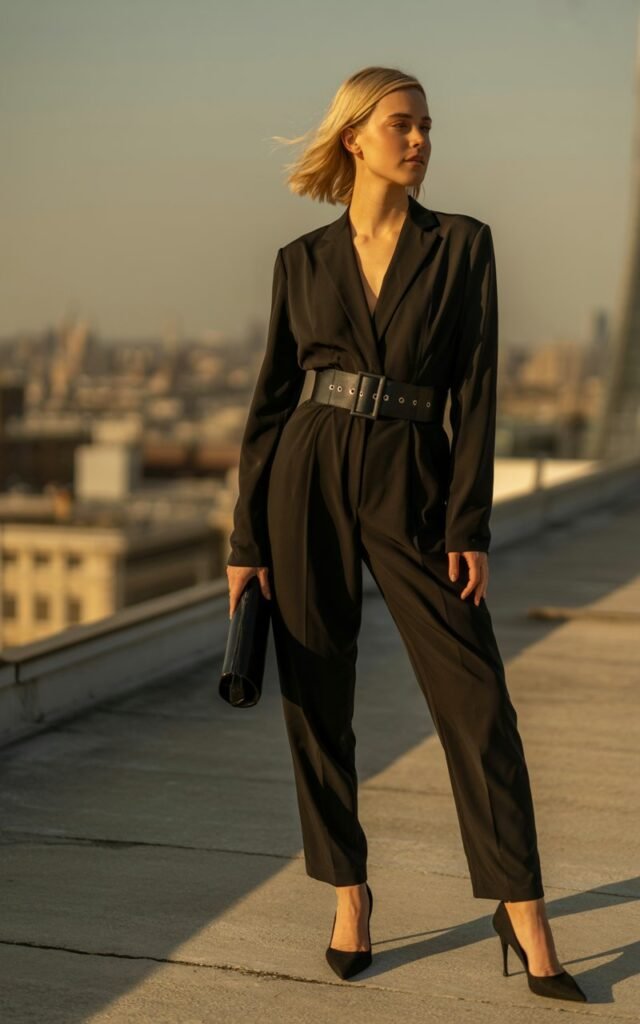 Full-body view of a blonde-haired model in a sleek, black monochrome jumpsuit, wide belt, and black heels, accessorized with a minimalist clutch. Urban rooftop background at sunset with golden hour lighting. Standing confidently, looking off-camera, hair flowing naturally. Detailed fabric texture and authentic skin features visible.