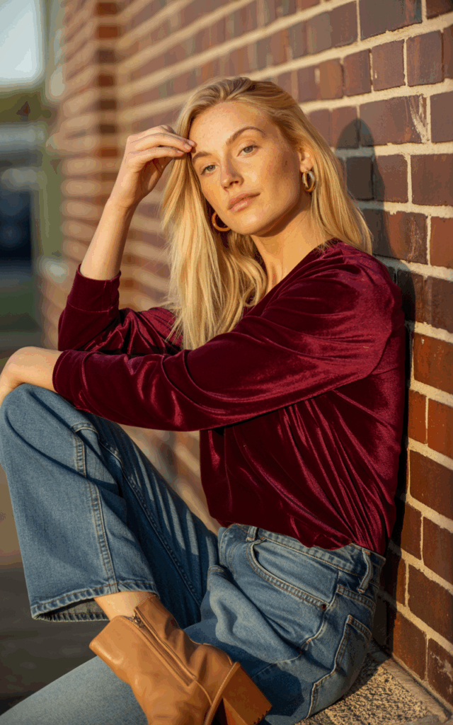 Full-body view of a blonde model in a deep burgundy velvet top, high-waisted denim jeans, and tan ankle boots, accessorized with gold hoop earrings. Leaning casually against a brick wall during golden hour. Relaxed expression, hand brushing hair naturally. Authentic skin and fabric textures visible.