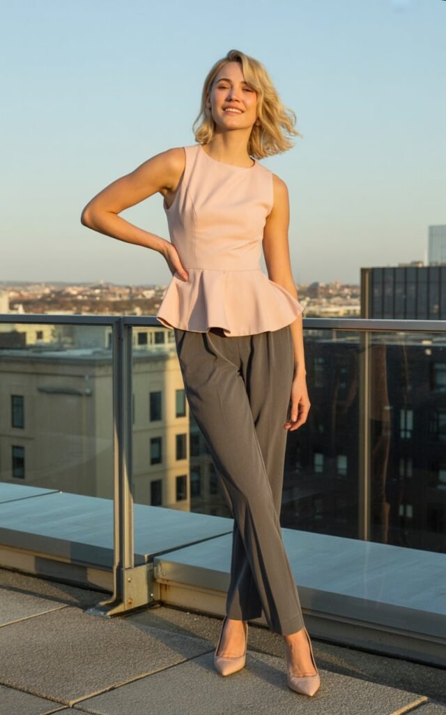 Full-body view of a blonde model wearing a blush peplum top and grey tailored trousers with pointed heels. Office rooftop terrace with natural morning light. Standing confidently, one hand on hip, relaxed smile. Editorial realism with detailed outfit and skin textures.