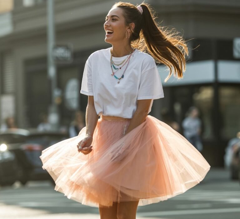 Full-body view of a brunette model with a high ponytail, wearing a pastel pink tulle skirt and white graphic tee, chunky white sneakers, and playful accessories. Walking on a city street with soft morning light. Pose mid-step, candid laughter, natural editorial realism with fabric volume visible.