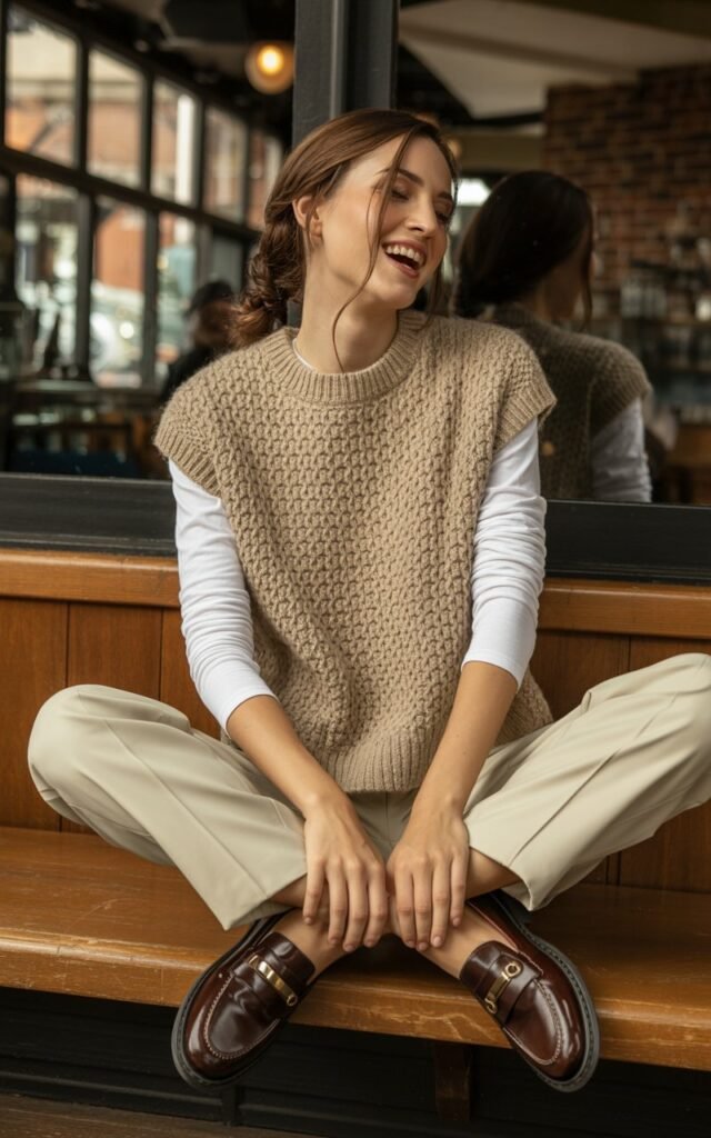 Full-body view of a model in a beige sweater vest over a white long sleeve tee, paired with tailored cream trousers and loafers. Coffee shop interior with soft indoor window light. Hair in a loose braid, natural makeup. Sitting on a bench, hands resting on knees, candid laugh. Authentic editorial realism, textures of knit and fabric emphasized.