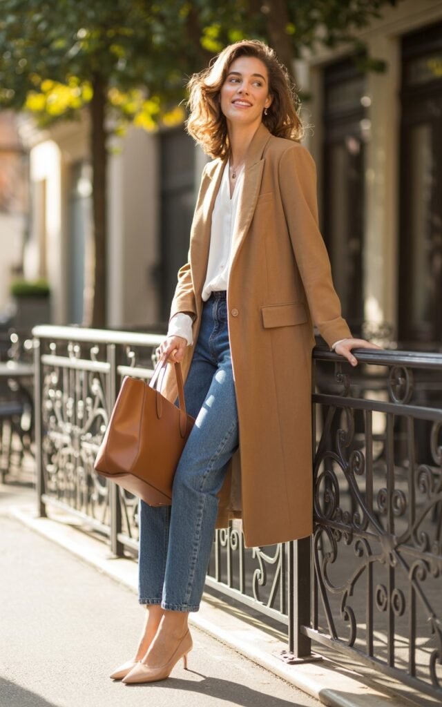 Full-body view of a model in a camel longline blazer over a white blouse and blue straight-leg jeans, with pointed flats and a tote bag. Street-side café setting with morning sunlight. Hair in loose waves, natural movement. She leans lightly against a railing, smiling softly, relaxed pose. Editorial realism, detailed fabric textures and natural skin tones emphasized.