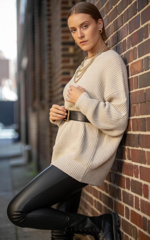 Full-body view of a model in a chunky oversized sweater belted at the waist over black leather leggings, black combat boots, and layered gold necklaces. Leaning against a brick wall in an urban alleyway, natural daylight highlighting textures. Hair straight and sleek, slight natural makeup. Hands adjusting the belt, confident expression. Subtle skin texture, natural shadows.