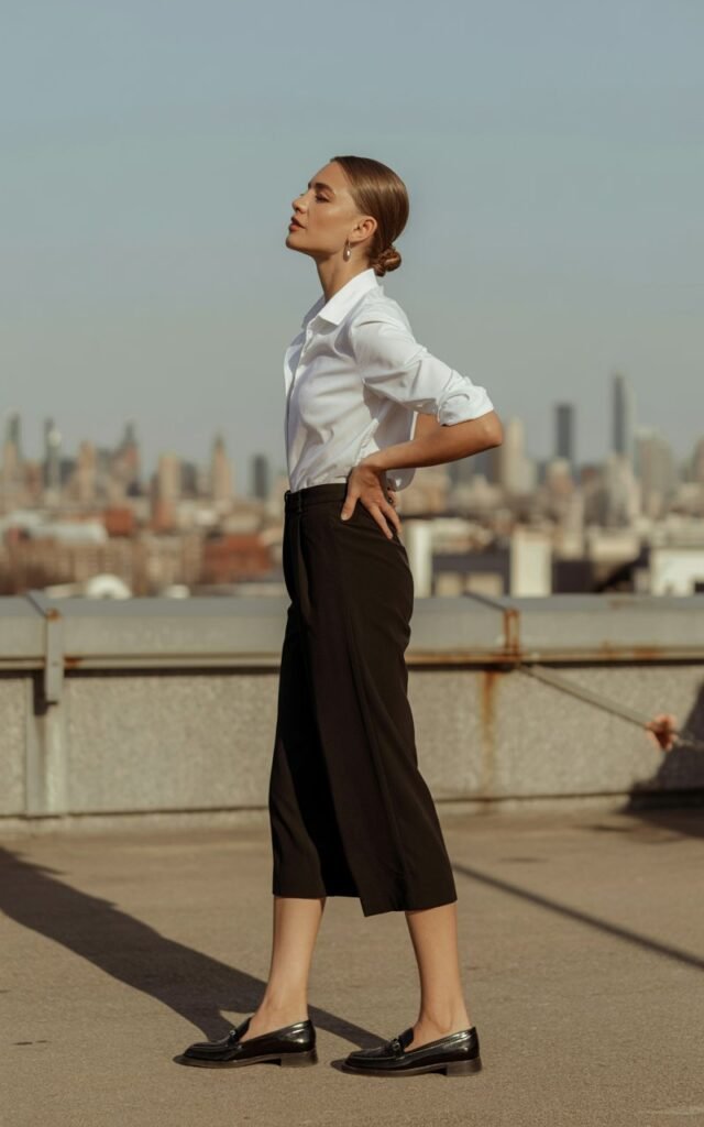 Full-body view of a model in a crisp white button-up shirt and black cropped culottes, styled with loafers and minimal jewelry. Urban rooftop with city skyline in soft afternoon light as background. Hair is slicked back in a polished low bun. She stands confidently with one hand on her hip, slightly tilting her head. Natural editorial style, realistic shadows and clothing folds visible.