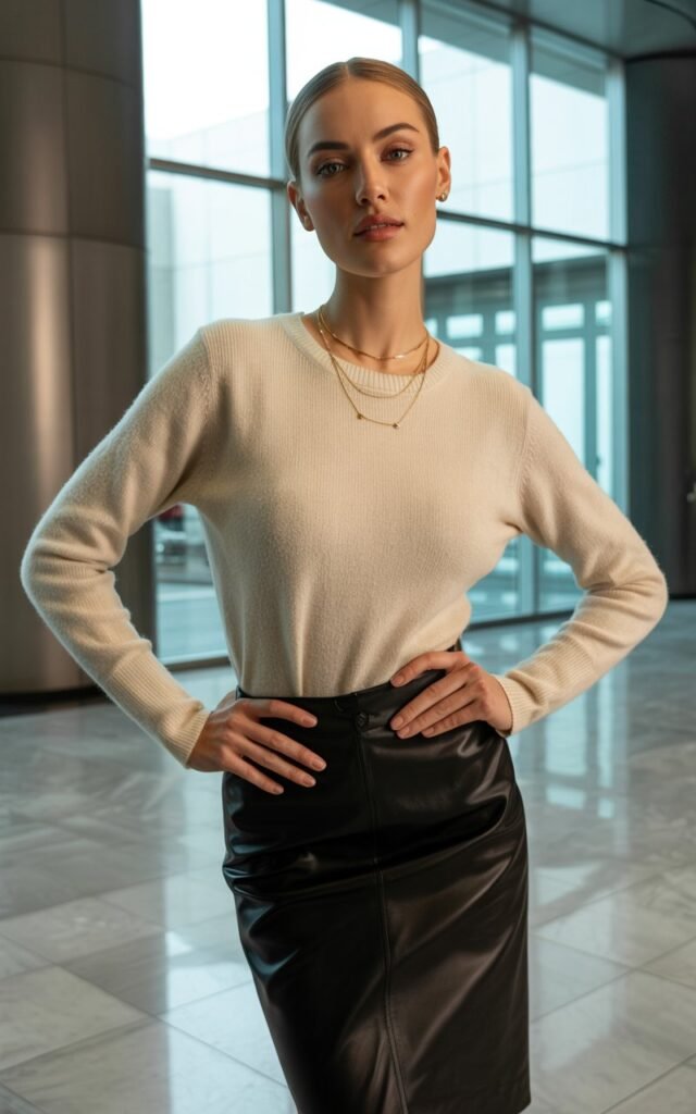 Full-body view of a model in a fitted cream sweater tucked into a black leather pencil skirt, ankle boots, and layered necklaces. Modern office lobby with soft window light. Hair sleek straight, subtle makeup. Standing with hands on hips, confident smile. Visible skin texture, editorial fashion vibe.