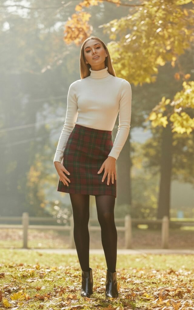 Full-body view of a model in a fitted turtleneck sweater tucked into a plaid mini skirt, black tights, and ankle boots. Autumn park setting with soft filtered sunlight. Hair sleek and straight, warm-toned makeup. Hands lightly on hips, slight tilt of head, confident smile. Natural editorial realism, textures of knit and skirt visible.