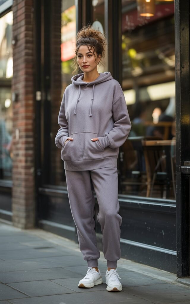 Full-body view of a model in a gray hooded sweater and matching joggers, white sneakers. Urban coffee shop exterior, soft natural daylight. Hair in messy bun, minimal natural makeup. Hands in hoodie pockets, casual playful smile. Realistic editorial textures on knit fabric.