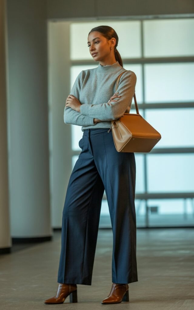 Full-body view of a model in a light gray mock neck sweater tucked into navy wide-leg trousers, brown heeled ankle boots, and a structured handbag. Indoor office setting with soft window light. Hair in a low ponytail, subtle makeup. Standing confidently with arms crossed, slight smile. Natural skin details, editorial lighting.
