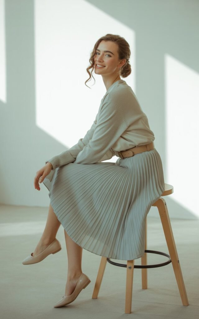Full-body view of a model in a mint pleated midi skirt paired with a cream lightweight cardigan, cinched with a slim belt, and beige flats. Studio setting with soft indoor window light. Hair is half-up, half-down, soft waves framing the face. She sits lightly on a stool, legs crossed, smiling gently. Pleats and knit textures are detailed, skin looks natural and lifelike.