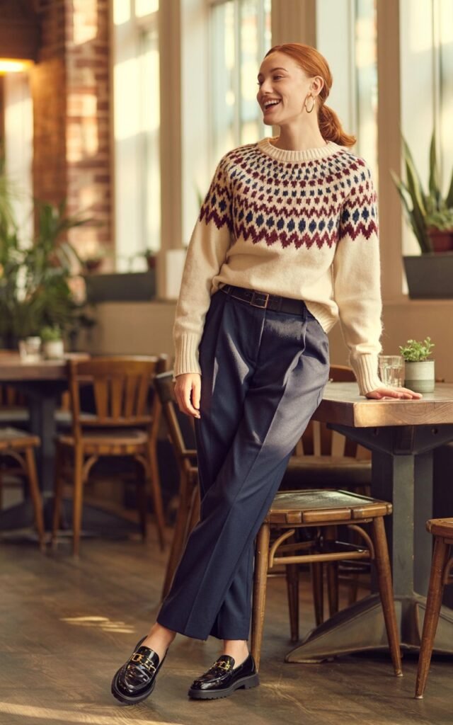 Full-body view of a model in a patterned fair isle sweater with solid navy trousers, black loafers, and small hoop earrings. Cozy café interior with warm natural light. Hair in a low ponytail, subtle makeup. Standing near table, playful expression. Visible skin texture, realistic knit details.