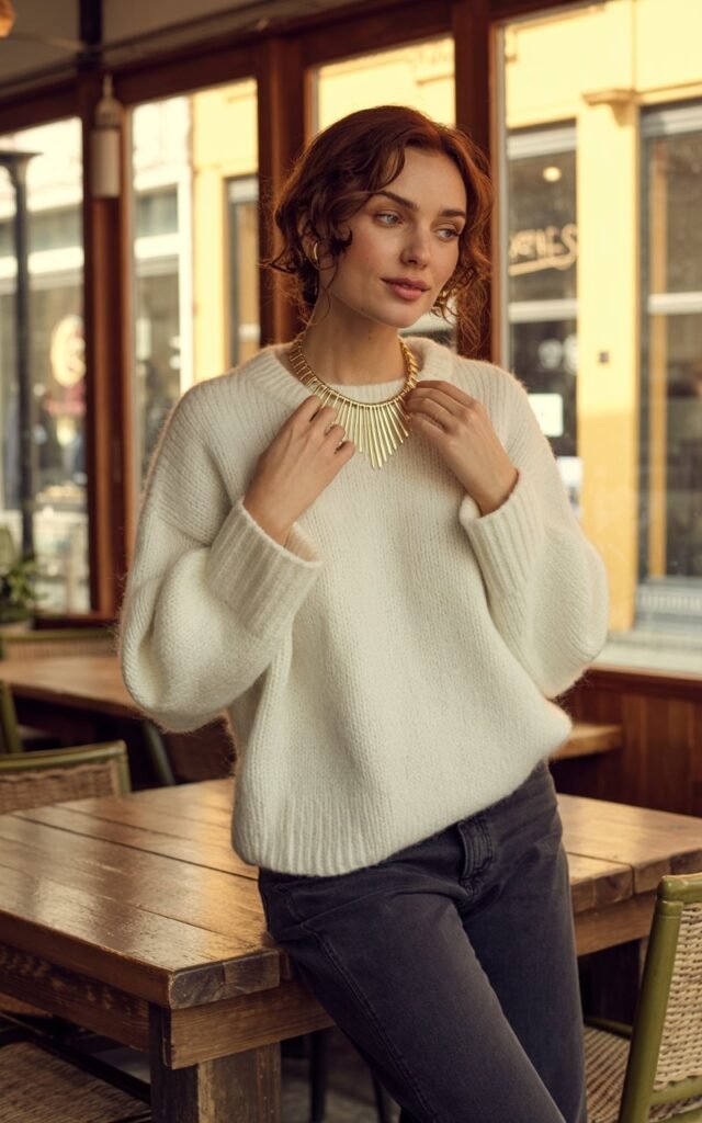Full-body view of a model in a plain white sweater, dark jeans, and a bold statement necklace. Cozy café interior with warm morning light. Hair loose in soft curls, minimal makeup. Standing near a table, hands adjusting necklace, subtle smile. Realistic editorial look with knit textures and natural skin features.